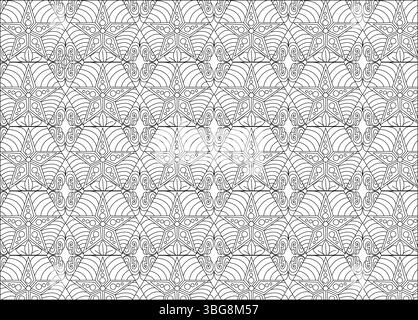 A seamless black and white geometric pattern featuring abstract star shapes within a triangular grid, adorned with intricate swirling lines and circle Stock Vector