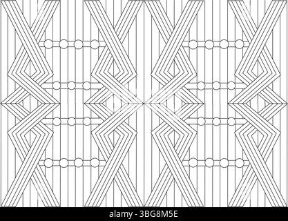 An intricate seamless vector pattern featuring overlapping linear geometric shapes forming a complex design with interspersed circles. Rendered in bla Stock Vector