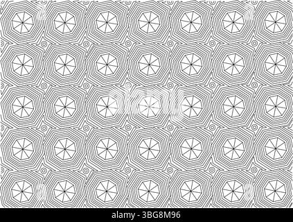 An intricate seamless abstract geometric pattern featuring black lines forming interconnected octagonal shapes and star-like elements on a white backg Stock Vector