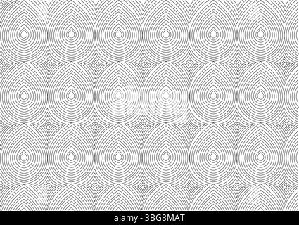 A black and white seamless pattern featuring an intricate arrangement of concentric teardrop or paisley-like shapes interspersed with rhombus or diamo Stock Vector