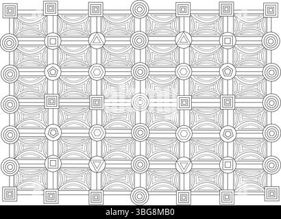 Detailed abstract geometric pattern featuring a grid arrangement of squares, circles, triangles, and pentagons connected by various lines and curved s Stock Vector