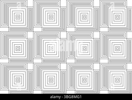 Abstract black and white geometric pattern featuring repeating nested squares and intricate lines creating a maze-like design. Ideal for backgrounds, Stock Vector