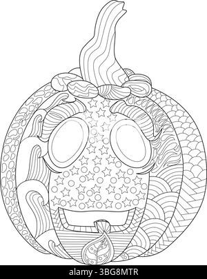 Detailed black and white line art illustration of a Halloween jack-o'-lantern pumpkin with complex patterns, perfect for coloring books, holiday decor Stock Vector