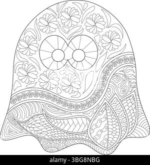 Detailed black and white line art illustration of a Halloween ghost, filled with intricate patterns, floral motifs, and zentangle-inspired designs. Pe Stock Vector