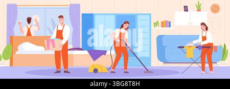 Cleanup room maintenance. Professional cleaning service or hotel staff clean home apartment cartoon interior, house housekeeping workers characters vector illustration original artwork Stock Vector