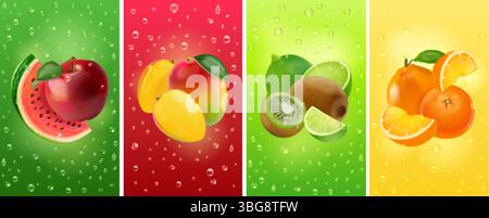 Fruit water drops. Realistic fresh fruits juice splash drop background, summer drink beverage berry flavor juicy splashes red yellow green banner, 3d exact vector illustration original artwork Stock Vector