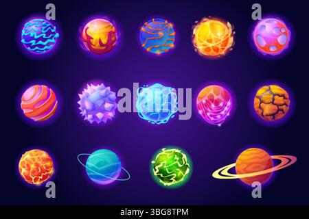 Magic alien planets. Cartoon fantasy planet different surface asteroid ball, galaxy space world cosmic universe orbit ufo cosmos game ui elements set, swanky vector illustration original artwork Stock Vector