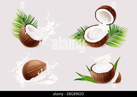 Coconut milk splash. 3d realistic coco oil cream splashes, tropical fruit yogurt drink liquid drop cosmetic concept with palm leaves natural yoghurt, exact vector illustration original artwork Stock Vector
