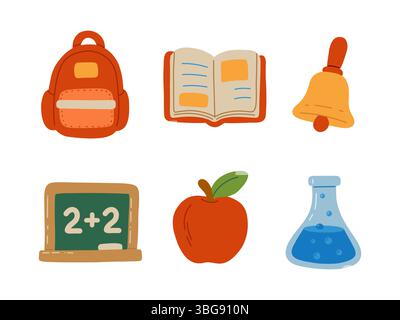 Vector illustration of school and education icons backpack, book, bell, chalkboard, apple, and chemistry flask. Perfect for back-to-school projects Stock Vector