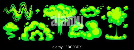 Toxic green gas cloud with cartoon fart and smoke effects. Bright comic-style smell elements for humor scenes, or game visuals Stock Vector