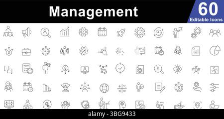 Management Line Icons Set - Business, Leadership, Planning & Strategy Symbols Stock Vector