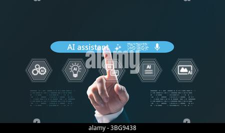 AI powered assistance. user interacting with virtual AI assistant interface on mobile, laptop, tablet icons for voice, text, image, video generation, Stock Photo