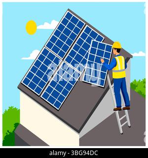 Vector illustration of an engineer in a hardhat installing a solar panel on a house. A concept of renewable energy, sustainability, and green technolo Stock Vector