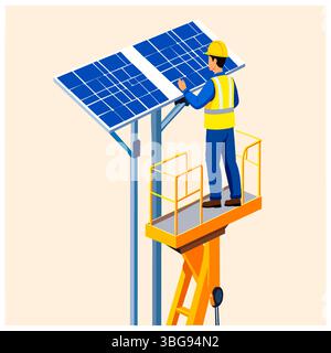 Vector illustration of a technician wearing a hard hat and life jacket on a lifting platform installing solar panels on a tall structure. Concept of r Stock Vector