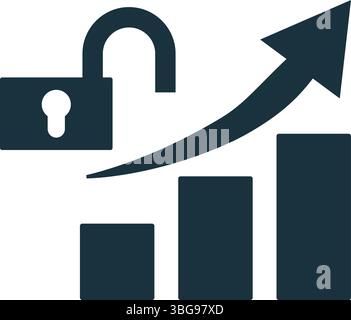 Open padlock with increasing bar graph and rising arrow representing business security growth Stock Vector