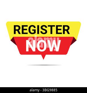 register now banner with yellow and red folded ribbon design and bold text on white background Stock Vector