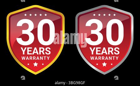 red and silver 30 years warranty badges with shield shapes and stars used for long-term product guarantee Stock Vector