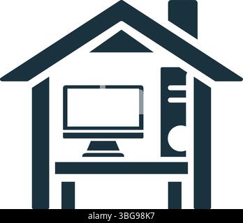 Simple home office icon representing working from home, with computer and desk inside house Stock Vector