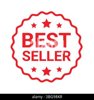 Red best seller badge with stars and wavy border, used for highlighting top-rated or popular products in marketing Stock Vector