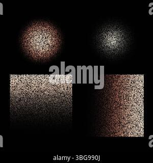 A set of abstract halftone noise shapes with gradient transitions, dot textures and color tones on black background. Stock Vector