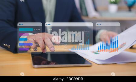 Marketing analysis concept with tablet and dashboard interface for data-driven decision-making, performance analysis, strategic management reporting, Stock Photo