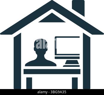 Simple icon of a freelancer working at computer inside house, representing work from home, telecommuting, and freelance job Stock Vector