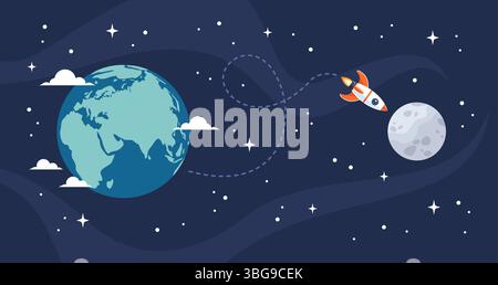 Space rocket flying from Earth to the Moon, vector illustration in flat style Stock Vector