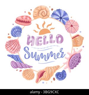 This charming vector illustration features the words Hello Summer in beautiful lettering, surrounded by a circular frame of seashells. The design capt Stock Vector