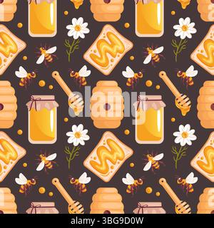 A seamless pattern featuring honey jars, honey toast, daisies, and bees on a dark background. This charming design captures the sweetness of nature, p Stock Vector