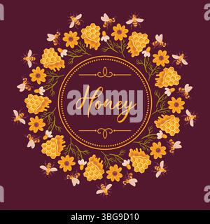 A beautifully designed vector illustration featuring honeycomb structure from bees, adorned with vibrant flowers arranged in a circular wreath. The el Stock Vector