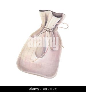 Linen bag tied with a delicate string, watercolor isolated on white. Hand-painted pouch in natural tones, perfect for eco, organic, and rustic-themed Stock Photo