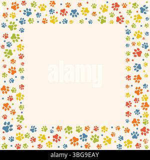 Square frame filled with playful dog paw prints and scattered dots in flat cartoon style. A fun and cheerful design perfect for pet-themed projects, i Stock Vector