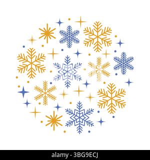 Christmas design with a circular composition of snowflakes and stars in flat cartoon style. A festive decorative element perfect for holiday cards, wi Stock Vector