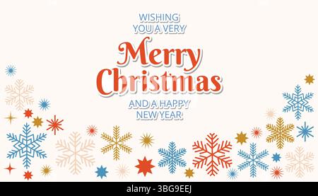 Christmas greeting card in flat cartoon style with festive text and decorative border made of snowflakes and stars. A cheerful winter design for seaso Stock Vector