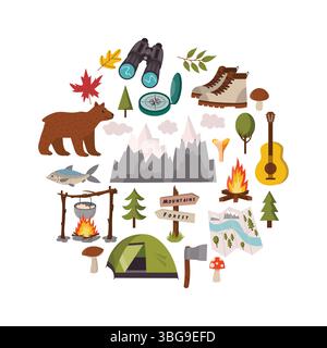 Camping-themed card with colorful outdoor elements arranged in a playful circle. Includes tent, backpack, map, fire, and more in flat cartoon style. P Stock Vector