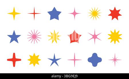 Collection of stars in cartoon flat style. Glowing celestial elements of design. Set of Y2K stars, starburst or retro futuristic graphic ornaments. Stock Vector