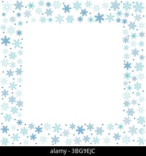 Square frame filled with a mix of unique snowflakes and scattered dots in flat cartoon style. A festive and cheerful winter design perfect for Christm Stock Vector