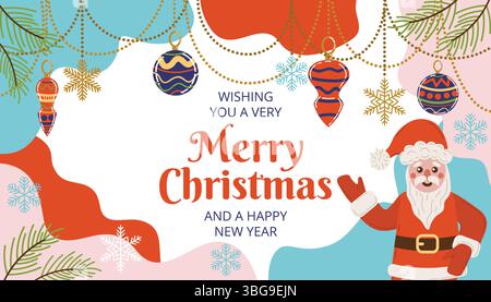 Festive Christmas greeting card in flat cartoon style with abstract blob shapes, snowflakes, tree toys, and cheerful Santa Claus. Bright and playful d Stock Vector