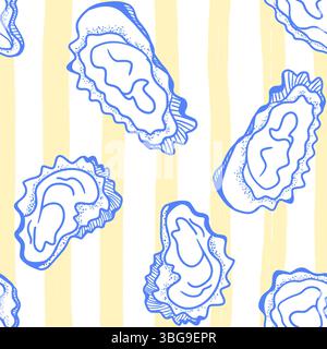 La dolce vita themed seamless pattern with Oysters. Seashells print with hand drawn blue contour on yellow and white striped background. Hand-drawn vector inspired by Summer Italian aesthetic. Stock Vector
