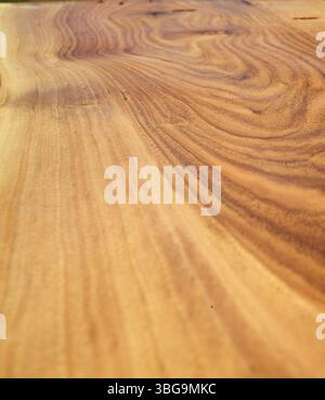 Close-up of a rustic wooden bench surface with natural grain and swirling patterns. Champagne village, Uzbekistan. May 2025 Stock Photo