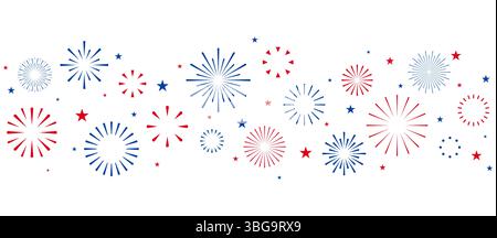 United States Independence Day fireworks border, Fourth of July banner with red and blue fireworks and stars on white background, Bastille Day or Labo Stock Vector