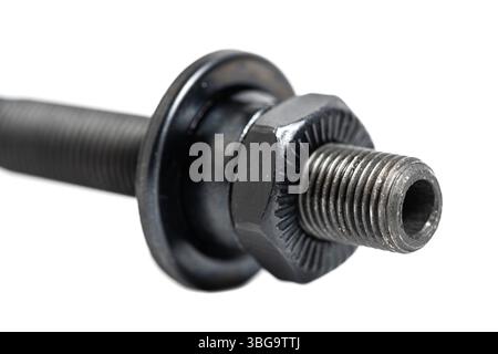 Rear wheel axle of bicycle is in closeup on white background Stock Photo