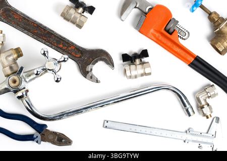 Plumbing tools isolated on white background with copy space for text Stock Photo