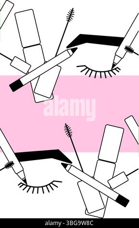 Eye makeup mascara tools seamless border horizontal frame template. Vector graphic line illustration. Black and white cosmetic makeup art. Banner, pos Stock Vector