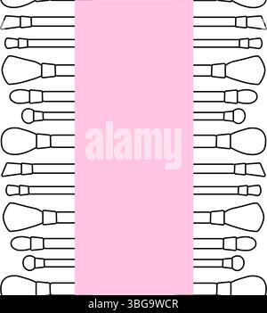 Makeup brushes Makeup tools seamless border vertical frame template. Vector graphic line illustration. Black and white cosmetic makeup art. for packag Stock Vector