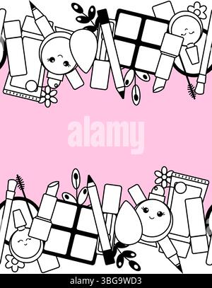 Makeup beauty tools kawaii seamless border horizontal frame template Vector graphic line illustration. Black and white cute cosmetic makeup art. backg Stock Vector