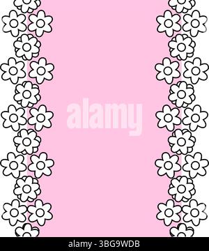 Simple flowers seamless border vertical frame template. Vector graphic line illustration. Black and white Minimal abstract floral tropical repeat prin Stock Vector