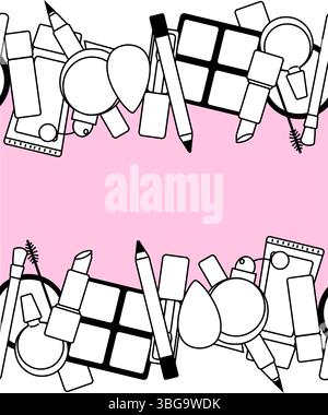 Decorative cosmetics seamless border horizontal frame template Vector graphic line illustration. Black and white cute cosmetic makeup art. Layout with Stock Vector