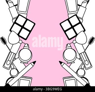 Decorative cosmetics seamless border vertical frame template Vector graphic line illustration. Black and white cute cosmetic makeup art. Layout with m Stock Vector