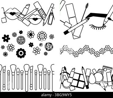 Decorative cosmetics set seamless border horizontal. Vector graphic line illustration. Black and white cosmetic makeup art. Layout with makeup product Stock Vector
